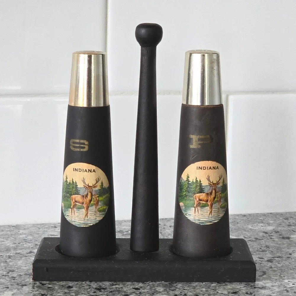 Vintage MCM 3 pc Indiana Salt Pepper Shaker Set Brown Gold Deer Japan Rustic
